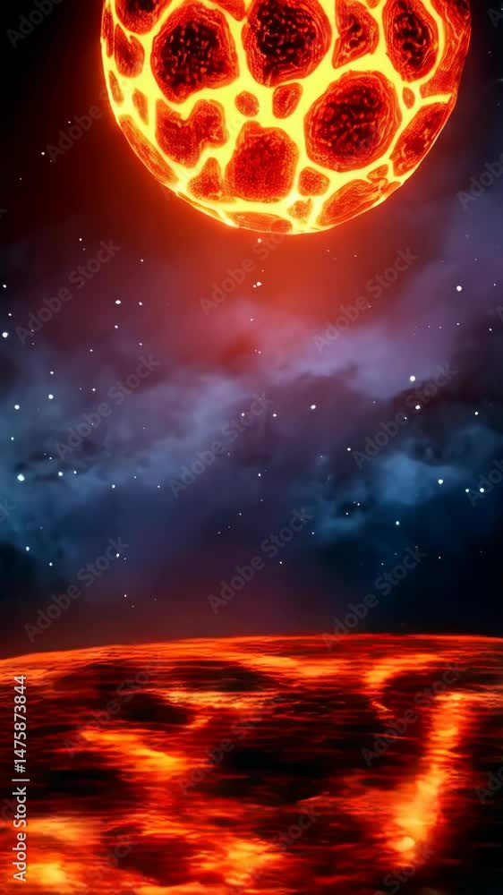 Poster fiery molten planet with lava surface against a starry nebula filled outer space backdrop featuring 