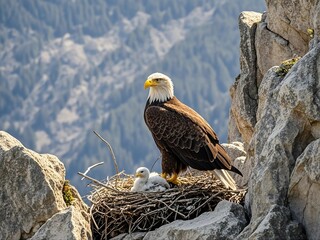 Eagle and its chick on the top of a rocky hill during snowfall
