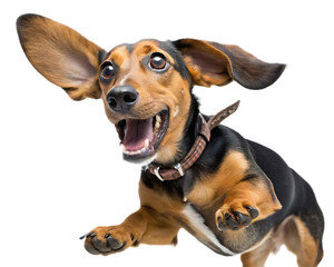 A dachshund with floppy ears and a collar looking excited with its mouth open on  isolated on transparent background, Generative ai.