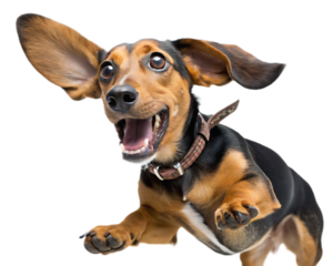 A dachshund with floppy ears and a collar looking excited with its mouth open on  isolated on transparent background, Generative ai.