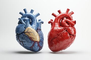 Comparison of Healthy and Diseased Human Hearts on White Background