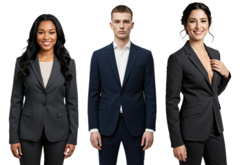 Studio portrait of a diverse group of three young adult business professionals, two women and one man, wearing formal suits against a transparent background.