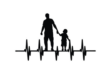 Father and Child Holding Hands on Heartbeat Line Silhouette.
