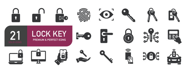 Set of glyph solid icons lock, key, security, protection. Glyph solid icons collection. Vector illustration