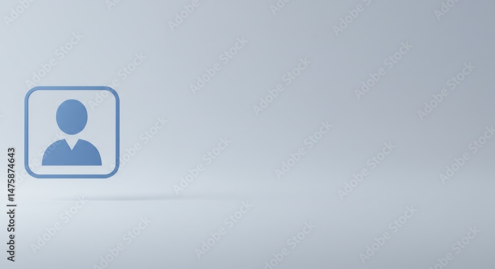 Poster simple blue profile icon on light gray background: minimalist user interface design element