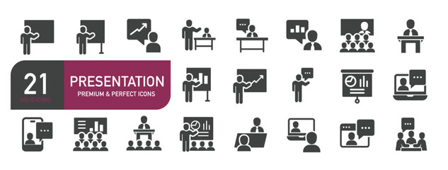 Set of glyph solid icons presentation, seminar, meeting. Glyph solid icons collection. Vector illustration