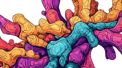 Vibrant, abstract shapes with colorful, textured forms.