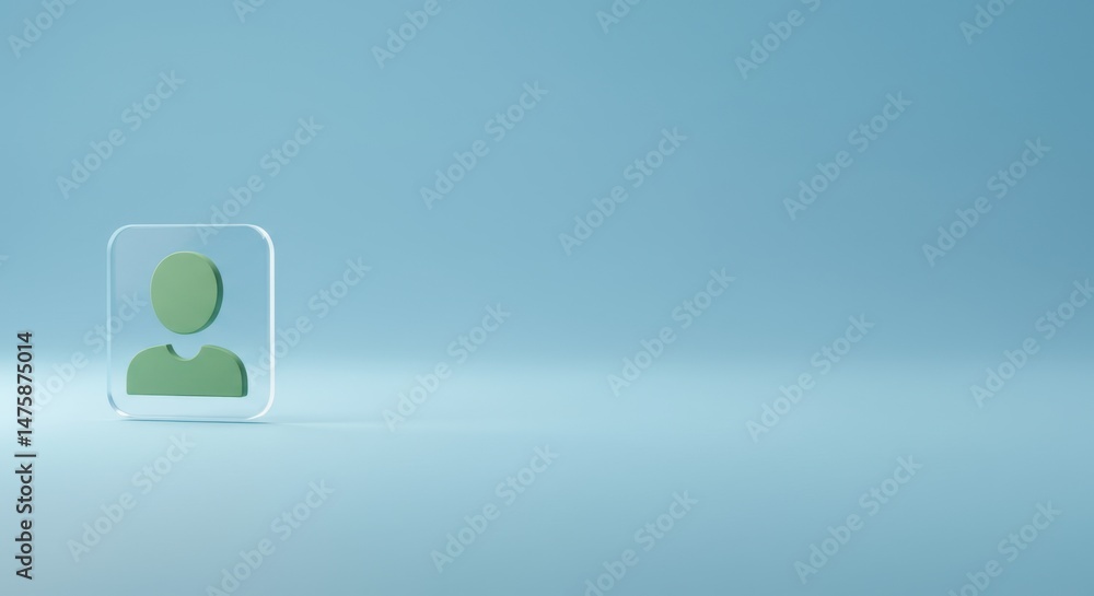 Poster minimalist glass profile icon design on a light blue background: a 3d rendered user interface elemen