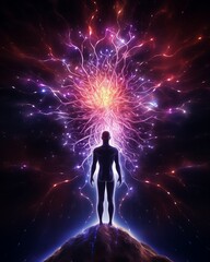 Surreal Cosmic Energy Burst from Human Silhouette on Mountain