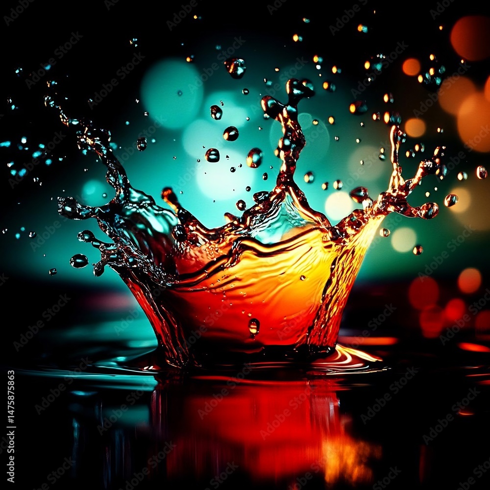 Poster dynamic liquid splash with contrasting colors and illuminated bokeh effects