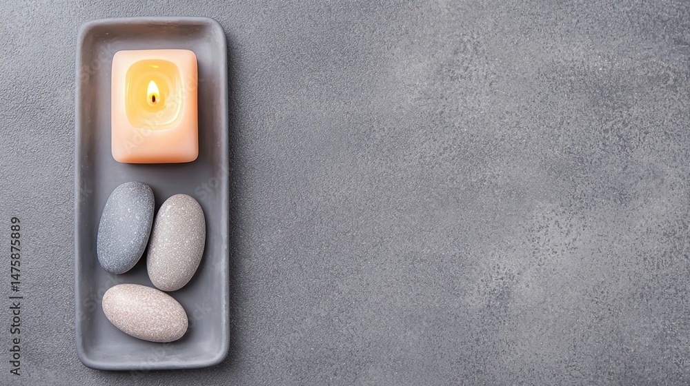 Poster minimalist spa setup with a lit candle and three smooth stones on a tray, placed on a textured gray 
