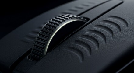 Close-up of a  Modern Gaming Mouse Scroll Wheel, High-Resolution Detail of Ergonomic Design, Sleek Black Surface with Subtle Texturing, Precision Engineering for Enhanced Gaming Experience