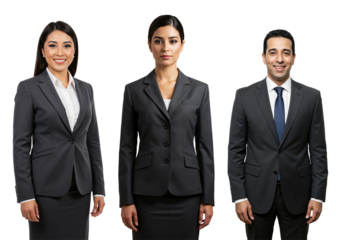 Three diverse business professionals, two women and one man, standing confidently in dark grey suits against a transparent background, representing corporate success and teamwork.