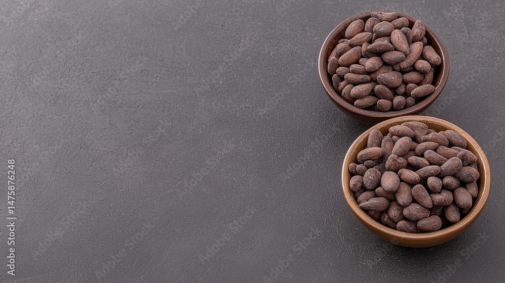 Poster two bowls filled with raw cocoa beans on a dark textured surface.
