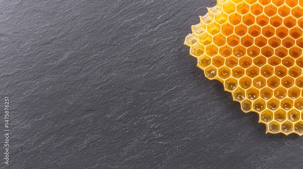 Poster golden honeycomb on a dark slate background with hexagonal cells clearly visible.