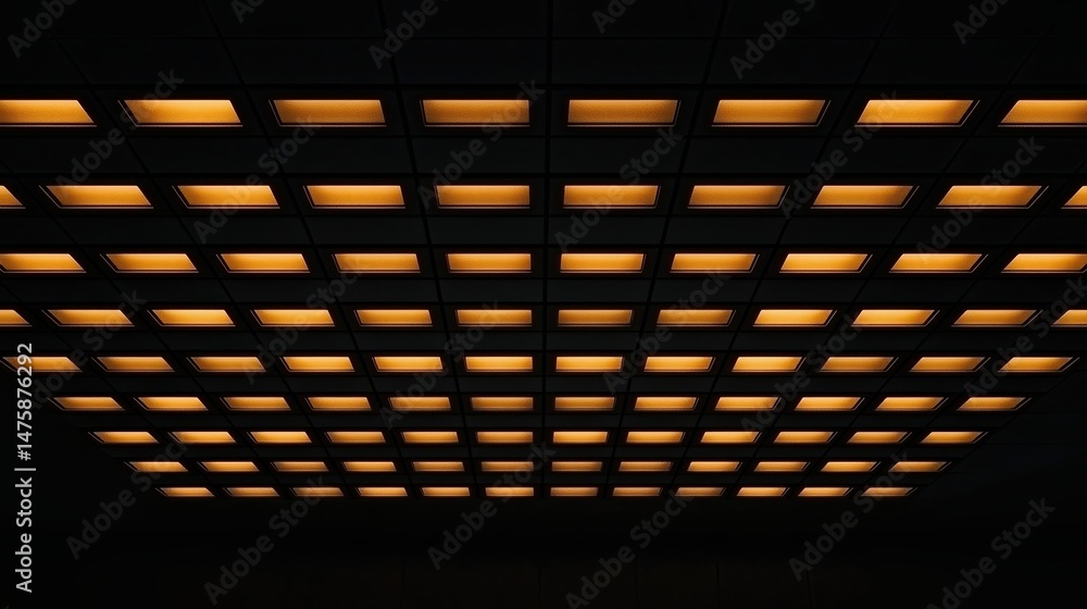 Poster a grid of rectangular yellow lights illuminates a dark ceiling, creating a geometric and modern visu