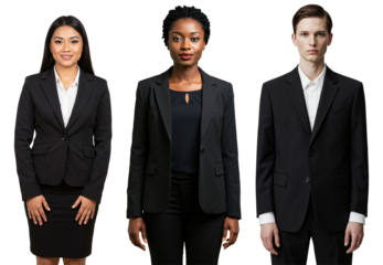 Studio portrait of three diverse young adult professionals, including an Asian woman, a Black woman, and a White man, dressed in formal black business suits against a transparent background.