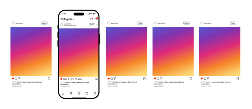 instagram post mockup. social media post . instagram carousel post template photos frame, instagram feed web post mock up. mobile app interface template on social network. instagram notification icons