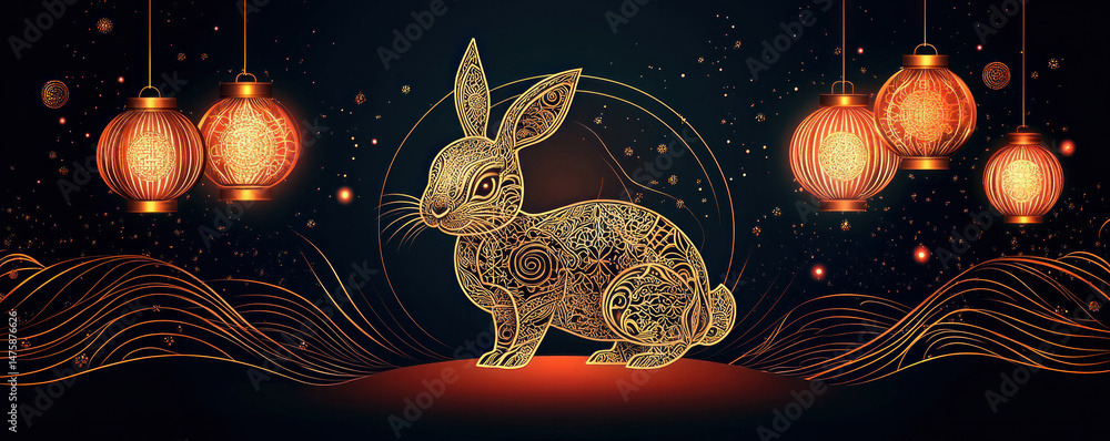 Poster a rabbit is standing in front of a red background with a black background. the rabbit is surrounded 