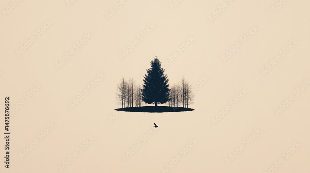 Poster minimalist image of a lone pine surrounded by bare trees on an island with a single bird flying belo