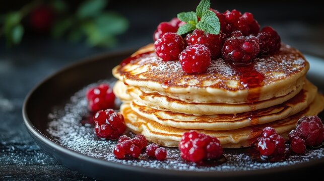 Stack of pancakes topped with raspberries, drizzle, and mint leaves, sprinkled with powdered sugar