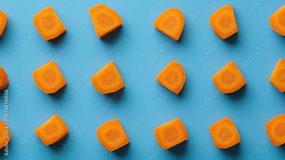 Poster orange carrot slices arranged in a neat diagonal pattern on a vibrant blue background.