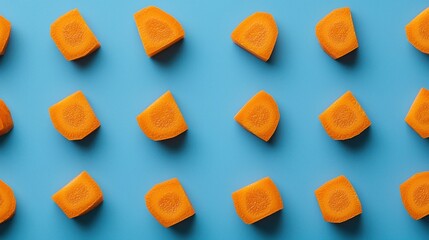 Orange carrot slices arranged in a neat diagonal pattern on a vibrant blue background.