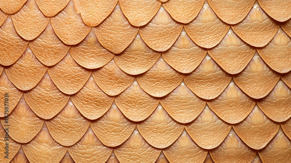 Poster close-up of overlapping golden scales with detailed texture, resembling fish or reptile skin in a re