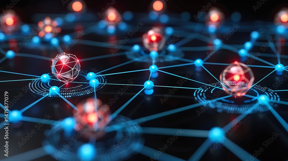 Poster abstract digital network featuring blue nodes and red spheres connected by lines