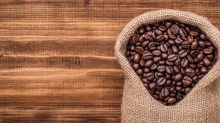 A burlap sack filled with roasted coffee beans sits on a wooden surface.