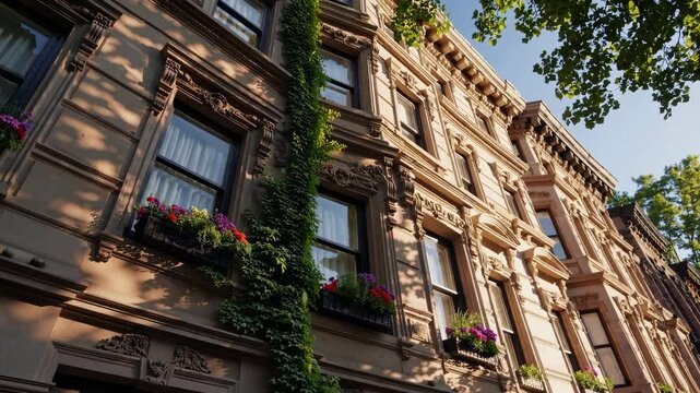 Video captures a low-angle view of elegant, ivy-covered brownstone buildings with ornate details, framed by lush green trees under a clear sky.