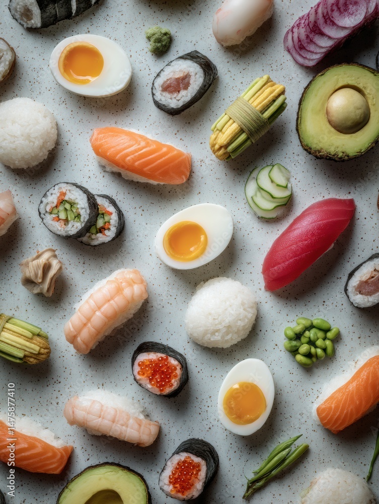 Poster colorful arrangement of fresh sushi ingredients on a neutral background creating an appetizing visua