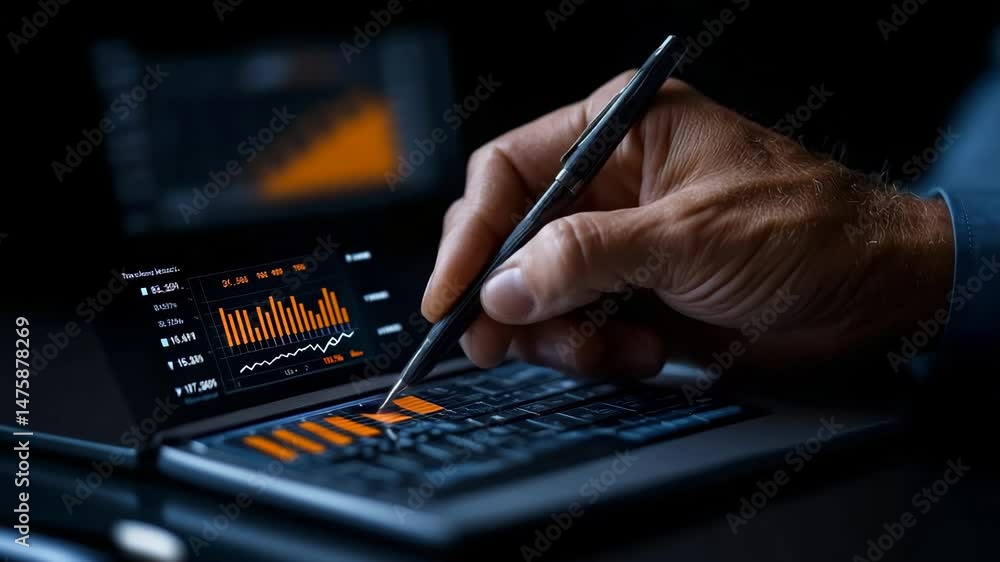 Poster analyzing market trends: a detailed view of an individual's hand intently navigating a sophisticated