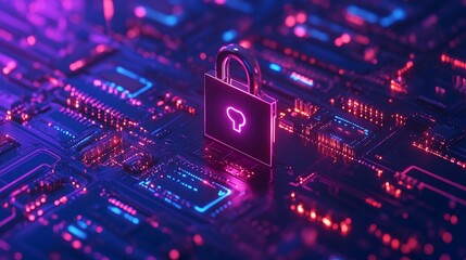 Cybersecurity lock on circuit board glowing with digital protection lights