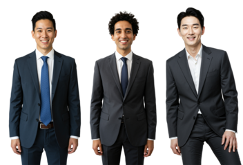 Three diverse adult men in business suits smiling confidently against a transparent background, representing a professional team or corporate group.