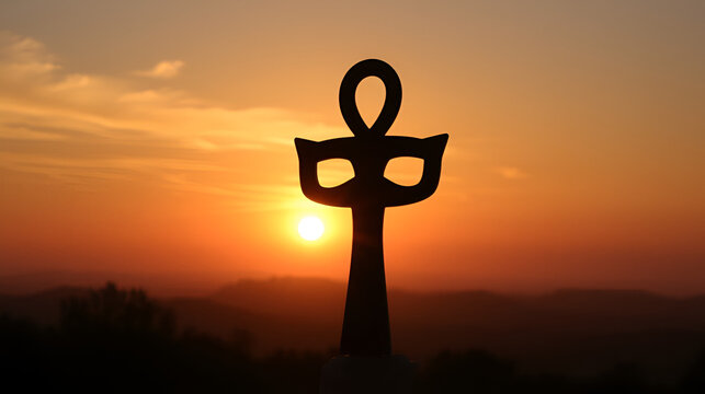 Energy healing symbols and spirituality: ankh silhouette against radiant sunset