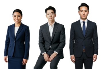 Three confident Asian business professionals, one woman and two men, wearing formal suits and ties, posing for a studio portrait against a transparent background.