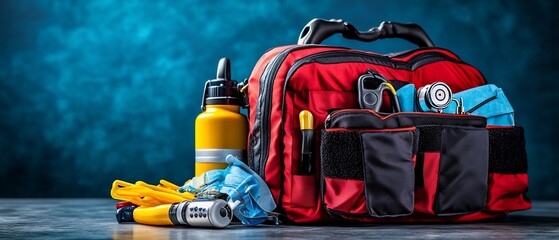 Red emergency bag with supplies