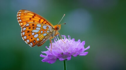 Vibrant orange butterfly perched on delicate purple flower showcasing nature's beauty in a colorful garden setting