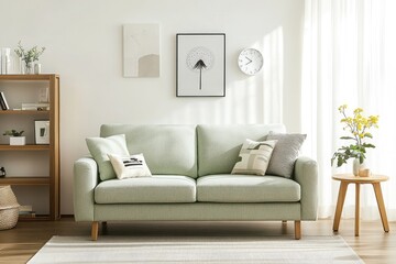 Living room scene, light green sofa with cushions, natural light, interior decor