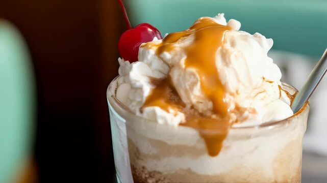 Classic root beer float in glass with vanilla ice cream, whipped cream, caramel drizzle, and a cherry, perfect for dessert