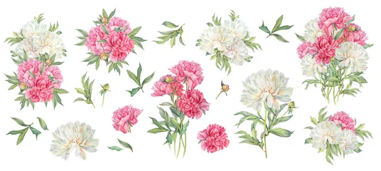 Gordijnen Tropische Bladeren Watercolor set with bouquet pink and milk peony summer flower isolated on white background. Hand-drawn floral plant with green leaves. Clipart for wedding invite celebration. Wallpaper or wrapping  © NatashaKun