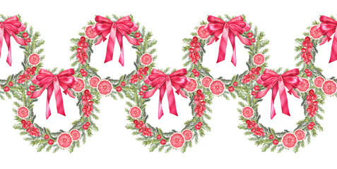 Watercolor seamless border with green Christmas tree fir wreath with red bow and berry grapefruit on white background. Circle frame border. Hand-drawn rim with for New Year wallpaper or wrapping