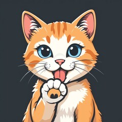 Fototapeta premium A playful cartoon cat with vibrant orange fur and big blue eyes, showcasing its friendly nature with a cute paw gesture.