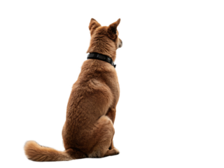 A tan dog with a black collar sitting and facing away from the viewer against isolated on transparent background, Generative ai.