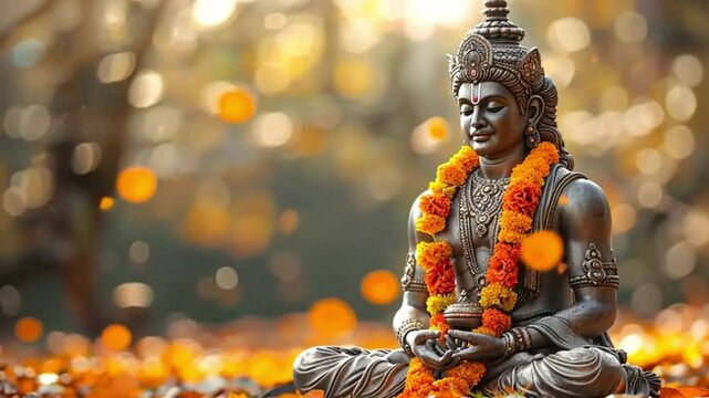 Lord Shiva is meditating with a blurred background of fallen dry leaves