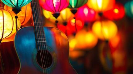 Fototapeta premium Close-up of acoustic guitar with warm ambient lighting and soft bokeh background of colorful lanterns, highlighting musical atmosphere, artistic mood, and cozy evening setting