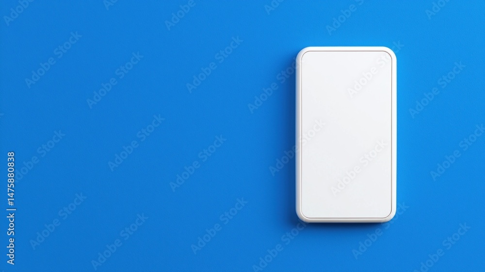 Poster a white rectangular object on a blue background, resembling a modern light switch or minimalist devi