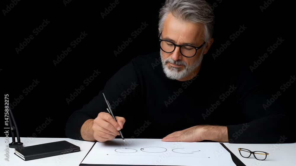Poster Architect Drawing with Precision: An architect, immersed in thought, meticulously drafts on a white paper, demonstrating precision and creativity in a professional setting.