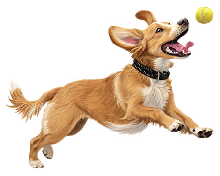 A cartoon dog with a collar jumping up to catch a tennis ball  isolated on transparent background, Generative ai. - Powered by Adobe